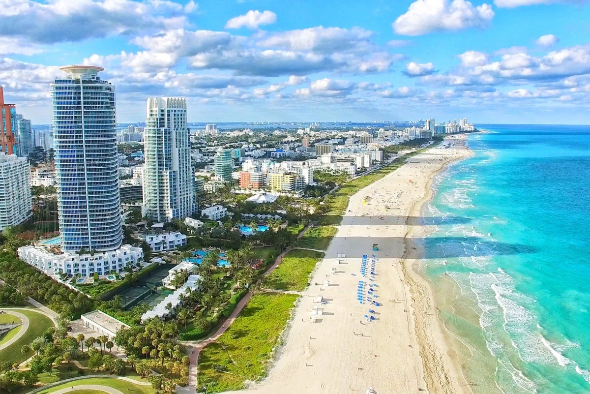 Aerial view of Miami Beach, the Atlantic Ocean and the waterfront skyline